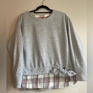 IZOD~Sweet~Heather Gray~Tie-Front~2-Fer~Sweatshirt Top~Plaid Underlay~Size M